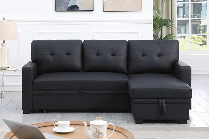 Ball &amp Cast L-Shape Reversible Sectional Sleeper Sofa Bed 4 in 1 Pull Out Couch with Storage Chaise &amp Removable Back CushionsConvertible Sleeper Corner Couch Pull-Out Sofa Bed for Living Room