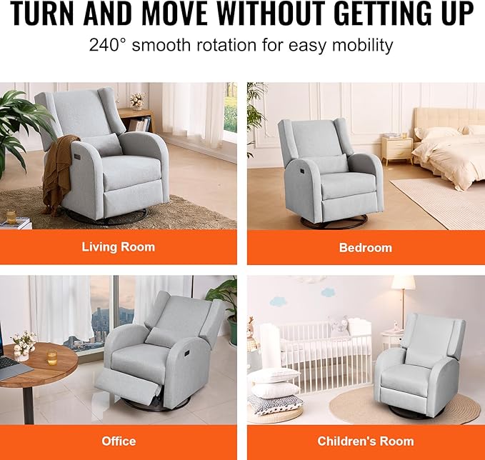 Happybuy Electronic Power Recliner and Swivel Glider 250 lbs Weight Capacity Swivel Glider Recliner Chair with USB Port Polyester Surface Ideal for Living Room Bedroom Light Gray