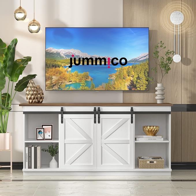 JUMMICO TV Stand for 65 Inch TV Entertainment Center with Storage Cabinets and Sliding Barn Doors Mid Century Modern Media TV Console Table for Living Room Bedroom (Bright White)