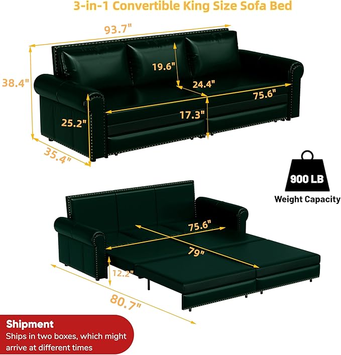 JOYBASE Pull Out Sofa Bed King-Size Convertible Sleeper Sofa Modern 3-Seater Faux Leather Couch with Nailhead for Living Room Office Apartment (Green)