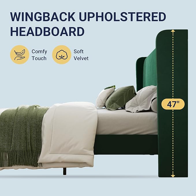Allewie Full Size Velvet Platform Bed Frame with Vertical Tufted Wingback Headboard Easy Assembly Under Bed Storage No Box Spring Required Modern Style Green