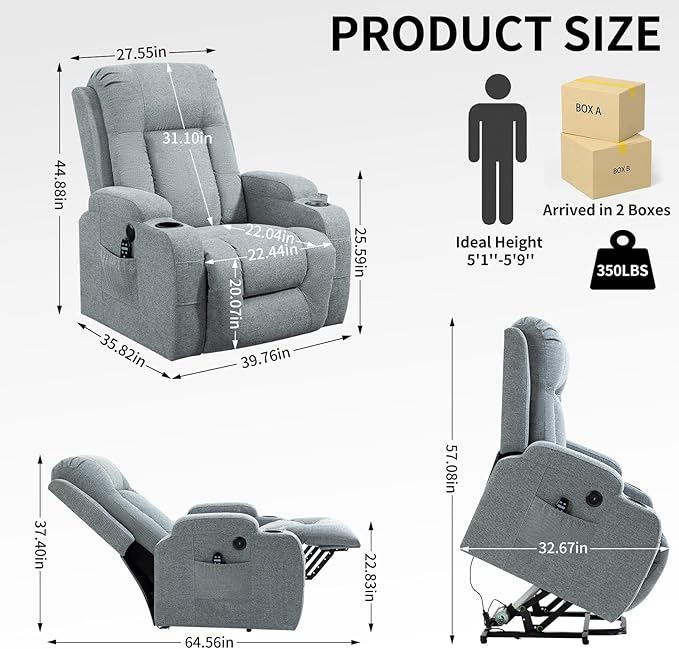 Power Lift Recliner Chair for Elderly with Infinite Position 350 LBS Capacity 8-Point Massage &amp Heating - Comfy Heavy Duty Motion Recliners Chairs for Living Room Small SpacesGrey