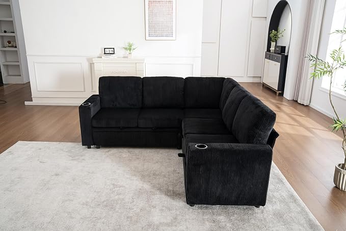 83 Modular Sectional Sleeper Sofa with Pull Out Bed Plush Corduroy L-Shaped Corner Couch with Storage USB Charger Cup Holders 5-Seater Sectional Couches for Living Room Apartment Black
