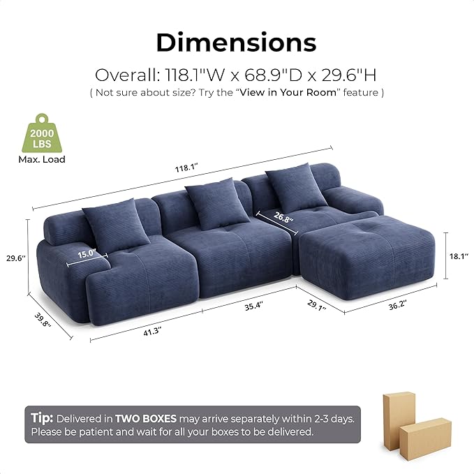 LIKIMIO 118 Modular Sectional Sofa with Ottoman L-Shaped Boneless Couch with Deep Seat for Living Room Corduroy Upholstery No Assembly Required Navy Blue
