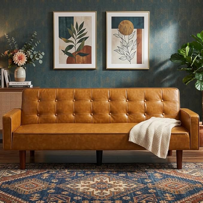 Modern PU Leather 3-Seat Couch Adjustable Backrest Convertable Sofa Sleek Minimalist Fold Out Couch Loveseat with Armrests Sofa for Living Room Home Office Spaces Brown