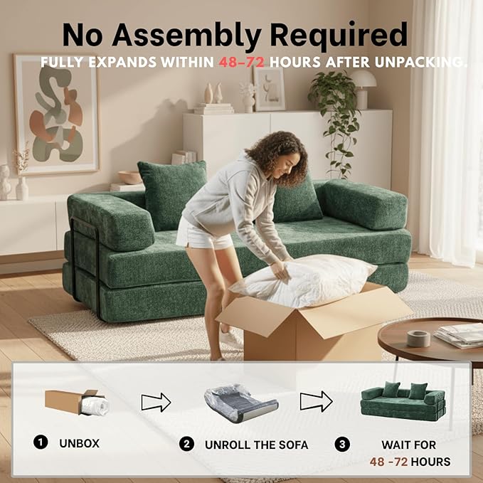 Alpen 77 Convertible Sleeper Sofa Bed with Pillow - Chenille Fabric &amp High-Density Sponge &amp Fixed-Shape Frame Modular Sofa for Living Room/Lounge/Studio Green