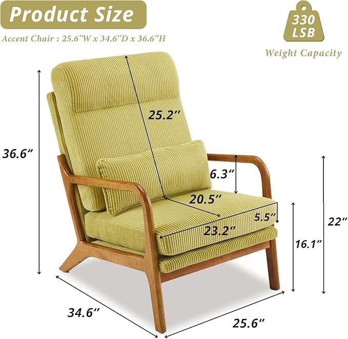 Karl home Mid-Century Modern Accent Chair Living Room Chairs with Pillow High Back Corduroy Upholstered Lounge Armchair with Solid Wood Frame &amp Soft Cushion for Bedroom Reading Room Green