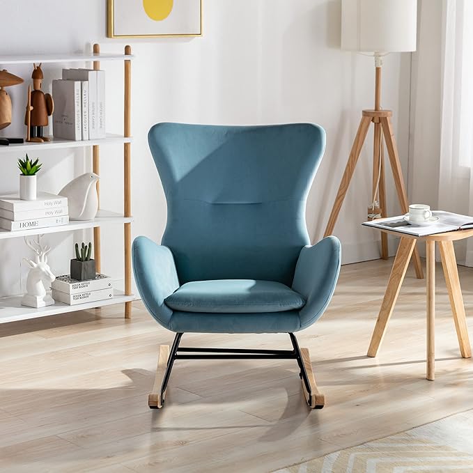Rocking Chair Nursery Velvet Upholstered Glider Rocker Recliner Chair Padded Seat with High Backrest Armchair Reading Chair Comfy Accent Chair for Living Room Bedroom Balcony