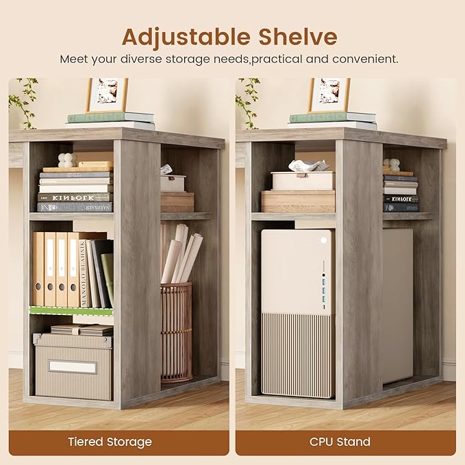 SEDETA Farmhouse 67 L Shaped Desk with 3 Drawers Executive Desk Home Office Desks with Storage Shelves Corner Computer Desk with Power Outlets for Home Office Grey