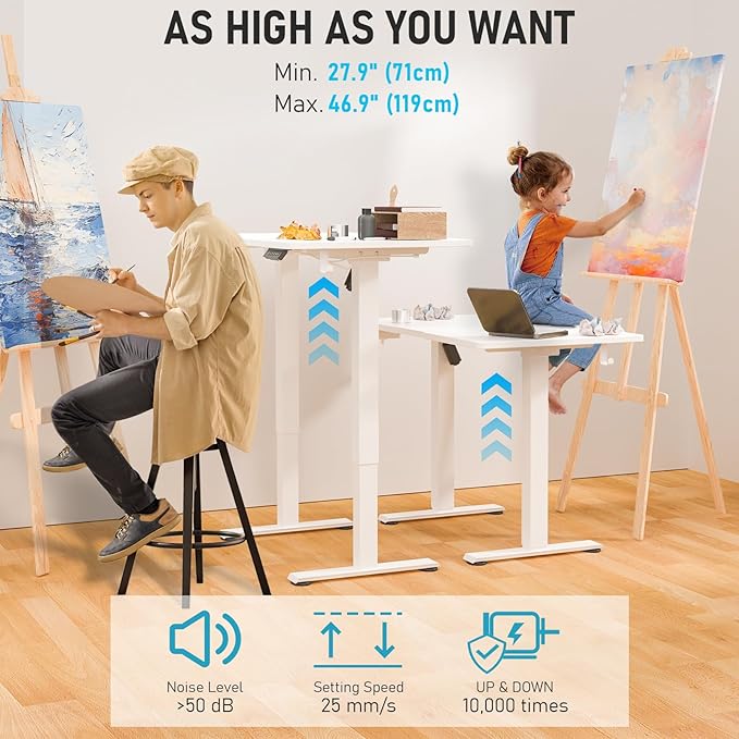 48 x 24 Electric Standing Desk Adjustable Height Sit Stand Desk with 3 Preset Heights &amp 2 Hook Electric Desk for Home Office Gaming White