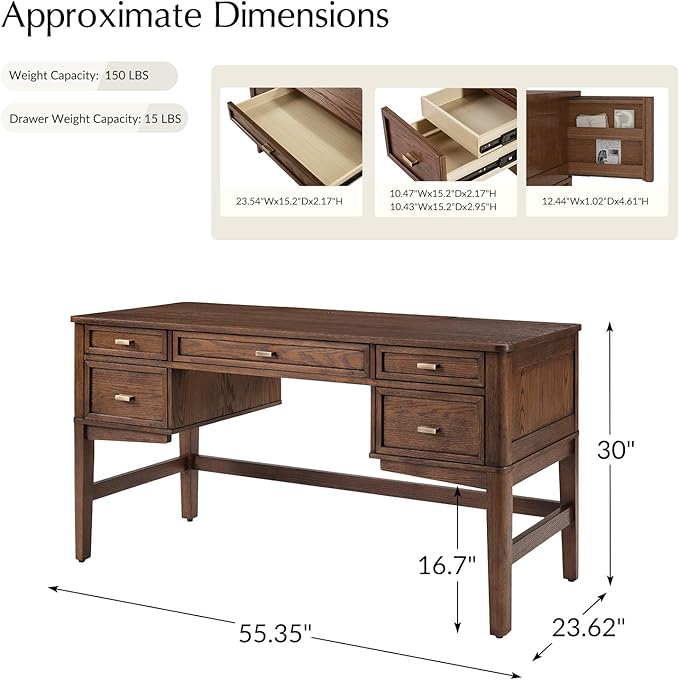 HULALA HOME 56 Home Office Desk with 5 Drawers and Hidden Compartment Drawer Mid-Century Modern Computer Desk with Solid Wood Legs Executive Desk for Work Study Writing Walunt