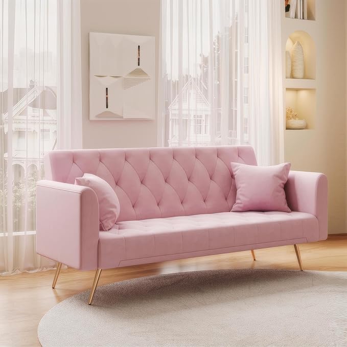 Anwick 72 Modern Velvet Sofa Bed FutonConvertible Folding Sleeper Bed Couches with 3 Adjustable BackrestsTufted Recliner Loveseat with Golden Chrome Legs for Small Living Room Office (Light Pink)