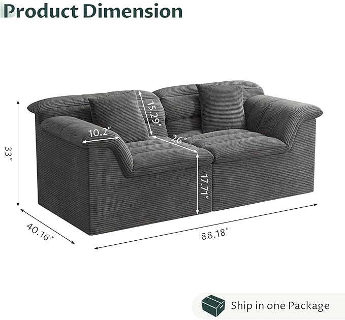 88 Sofa with Deep Seats Oversize 3 Seater Cloud Couches Upholstered Corduroy Couch for Living Room Bedroom No Assembly Required Dark Gray
