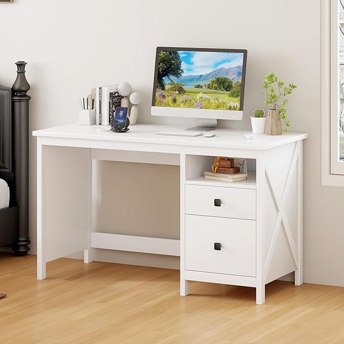 BHG Farmhouse 47 Executive DeskModern White Computer Desk with Storage Drawers for Home Office Makeup Vanity Desk Dressing Table for BedroomFiling Cabinet Writing Table PC Desks for Study