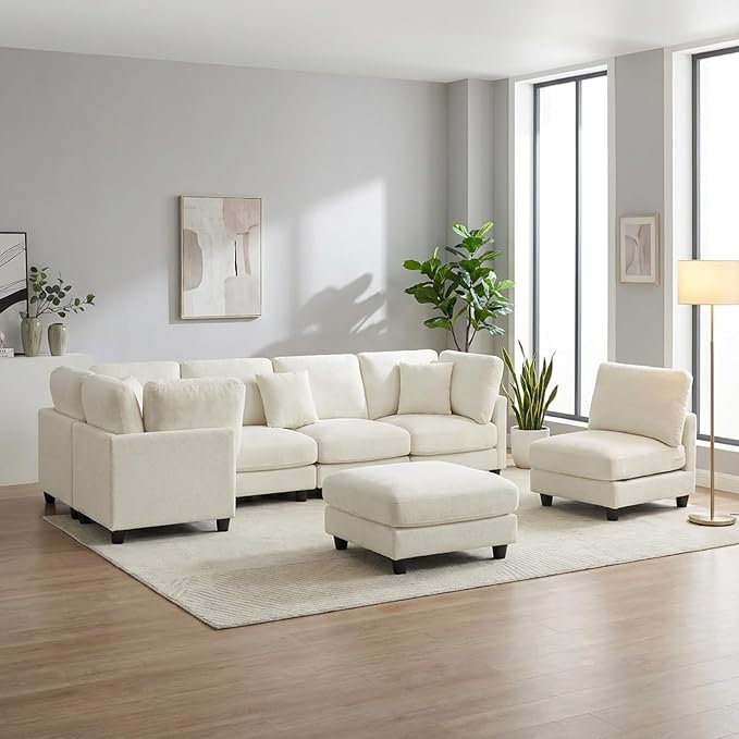 7 Seater Oversized Modular Sectional Sofa Deep Seat Cloud Couch - Free Combination Convertible Lounge Sofa Couch with Movable Ottoman for Living Room Apartment Office