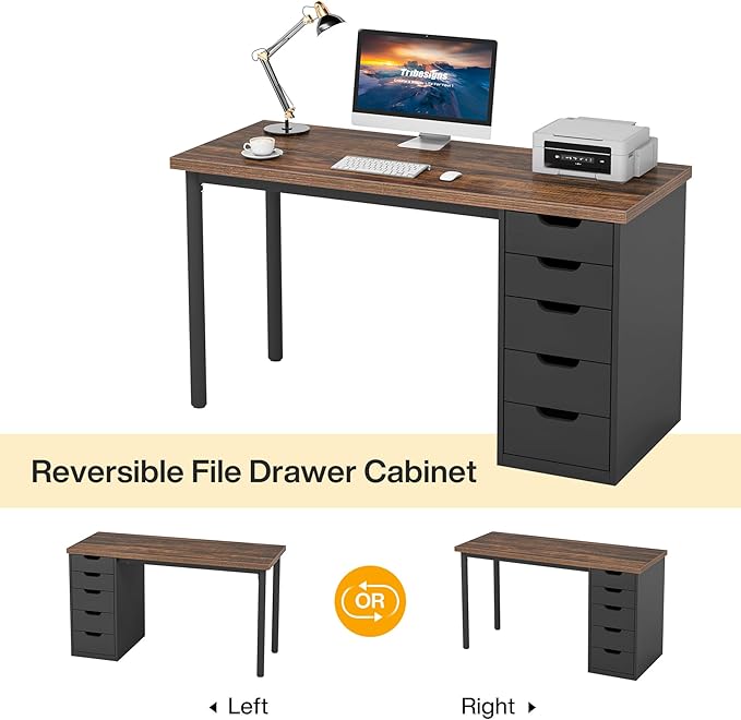 Tribesigns Computer Desk with 5 Drawers 47 inches Rustic Brown Home Office Desk with Storage Modern Simple Laptop Desk Study Writing Table for Small Spaces (1 Brown+Black)