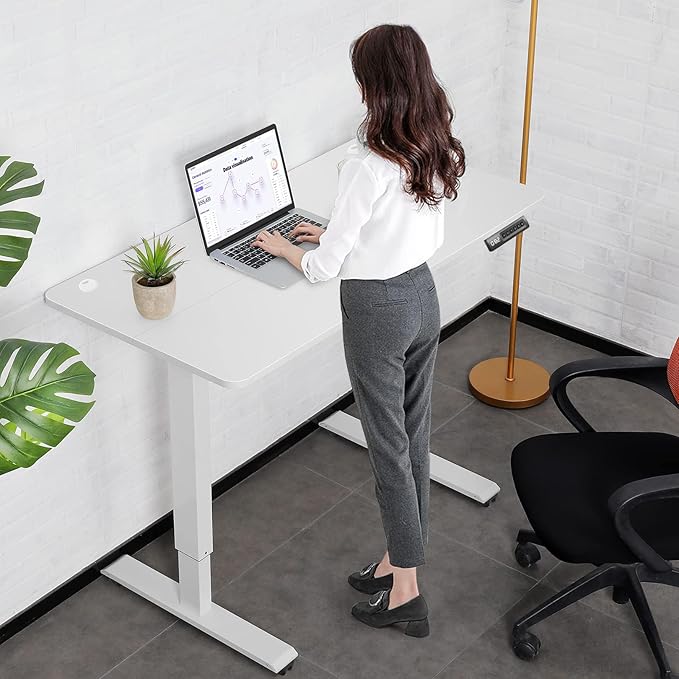 farexon Electric Standing Desk Adjustable Height 48x24 Inches Stand Up Desk with 4 Preset Heights Lockable Casters Double Hooks27''-46'' Lifting Range Home Office Computer Desk（White）