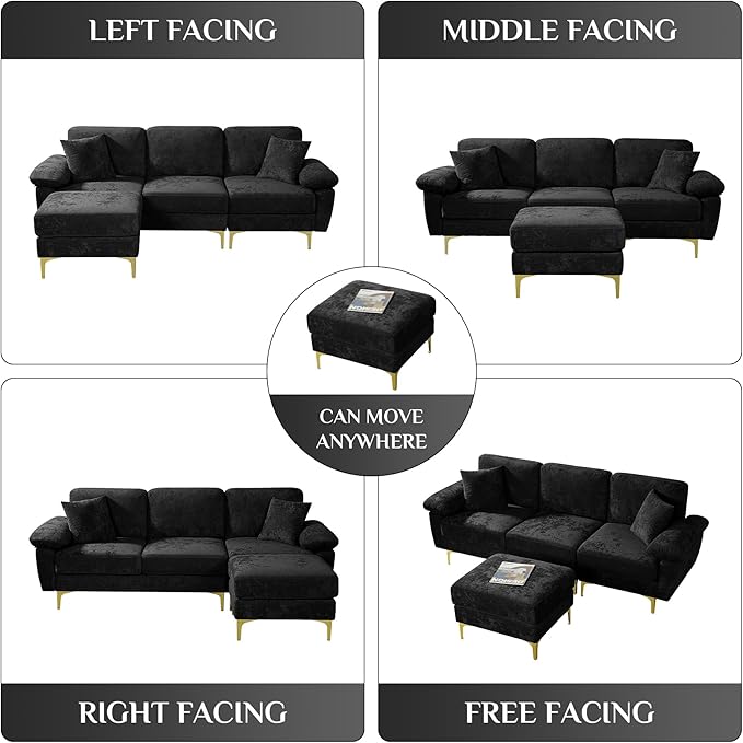 L Shaped Sectional Sofa Couch 91 Comfy Velvet Upholstered 3 Seat Sofa Set with Convertible Ottoman &amp 2 Pillows Modern Deep Seat Cloud Couch for Living Room Apartment Black