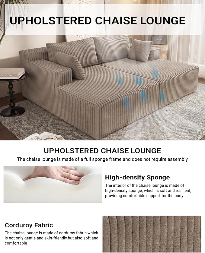 71 Oversized Double Chaise Lounge Sofa Cloud Plush Deep Seat Loveseat Sleeper Couch Upholstered Boneless Corduroy Sofa Bed No Assembly Modern Lounge Chair for Living Room Bedroom Reading (Camel)