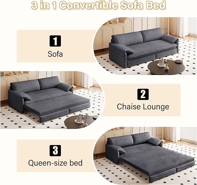 Cilee 66 Folding Sofa Bed 3-in-1 Convertible Loveseat Sleeper Sofa Pull Out Futon Sofa Bed Comfy Floor Couch with Storage Pocket Love Seats Furniture for Living Room Velvet Grey