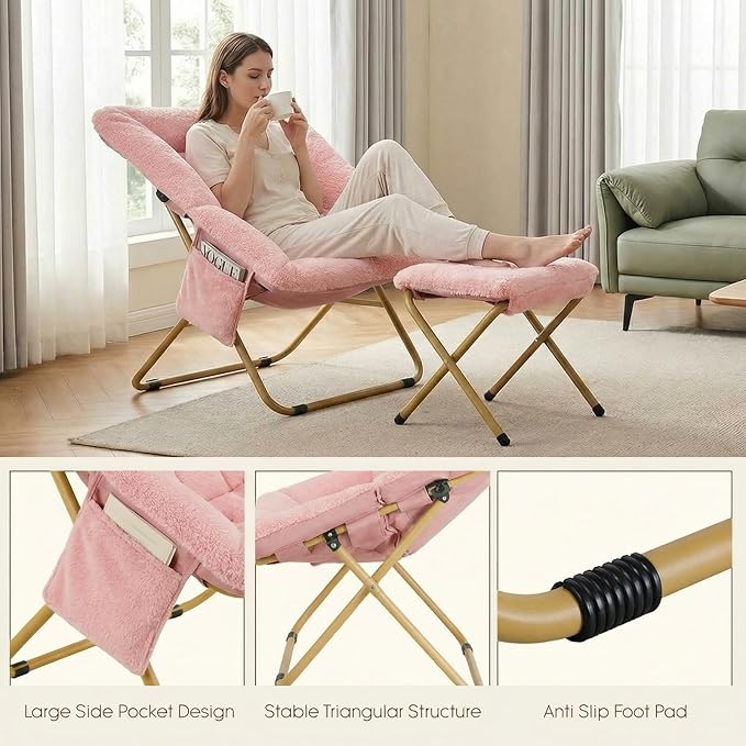Folding Saucer Chair Comfy Reading Chair with Ottoman Plush Faux Fur Lounge Chair for Small Space Bedroom Dorm Living Room X-Large Lazy Chair for Adults Teens Kids