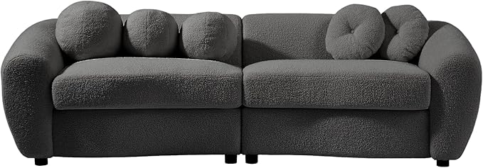 87.7 Modern Curved Sofa Back Upholstered Couch with 5 Decorative Throw Pillows Teddy Fabric Couch for Living Room Office Apartment Gray