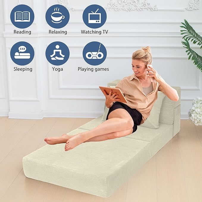 Sofa Bed Foldable Mattress Folding Sleeper Sofa Chair Bed Floor Mattress with Pillow for Living Room Home Office (Off White- Corduroy Single)