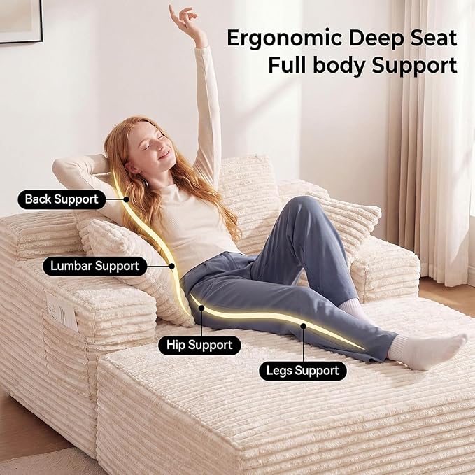 Boneless Chaise Lounge Chair Indoor with Ottoman 67 Inch Oversized Corduroy Couch Compressed Sofa Bed Couches for Living Room Bedroom Guest Room No Assembly Required Off-White