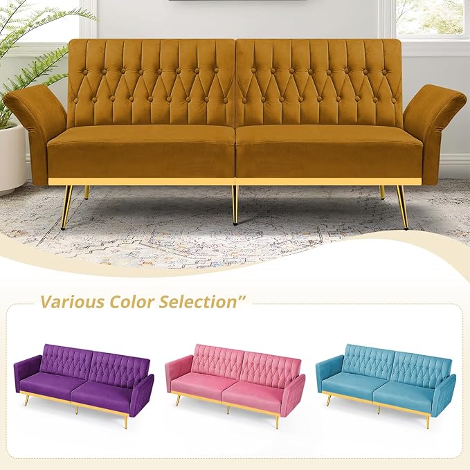 70” Velvet Futon Sofa Bed with 2 Pillows and Adjustable Armrests Convertible Sleeper Bed W/Adjustable Backrests Modern Loveseat for Living Room Bedroom Ginger