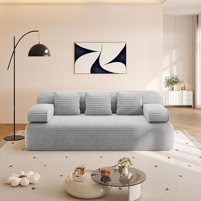 2-in-1 Convertible Folding Futon Sofa Bed with Reversible Backrest &amp Pillows 78 Corduroy 3-Seater Cloud Boneless Couch Comfy Modern Floor Couch Bed for Living Room Bedroom No Assembly(Light G