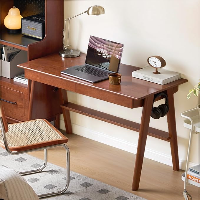 100% Solid Wood Desk Home Office Desk Mid Century Modern Rubberwood Writing Computer Desk with Drawer for Home Office 47 W