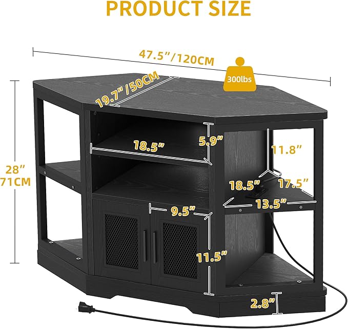 DWVO Corner TV Stand for 50 Inch TV Farmhouse TV Stands for Living Room Black Entertainment Center with Storage &amp Power Outlets Wood TV Console Cabinet Black