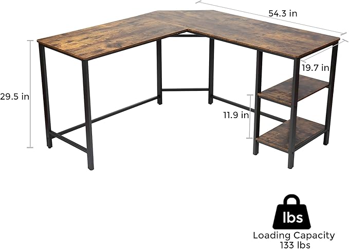 L Shaped Corner Computer Desk 54.3 inch with Storage Shelf Long Gaming Desk for Home Office PC Workstation Saving Space Laptop Table Rustic Brown