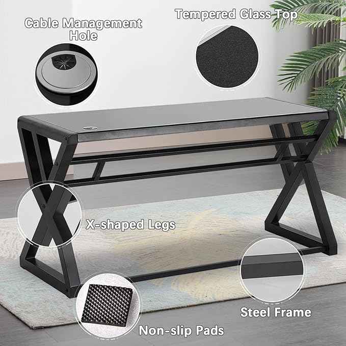 MANBUR Computer Desk Tempered Glass Computer Table Desk with Metal Frame Modern Simple Style Desk 55 in Study Writing Desk Workstation for Home Office (Black)
