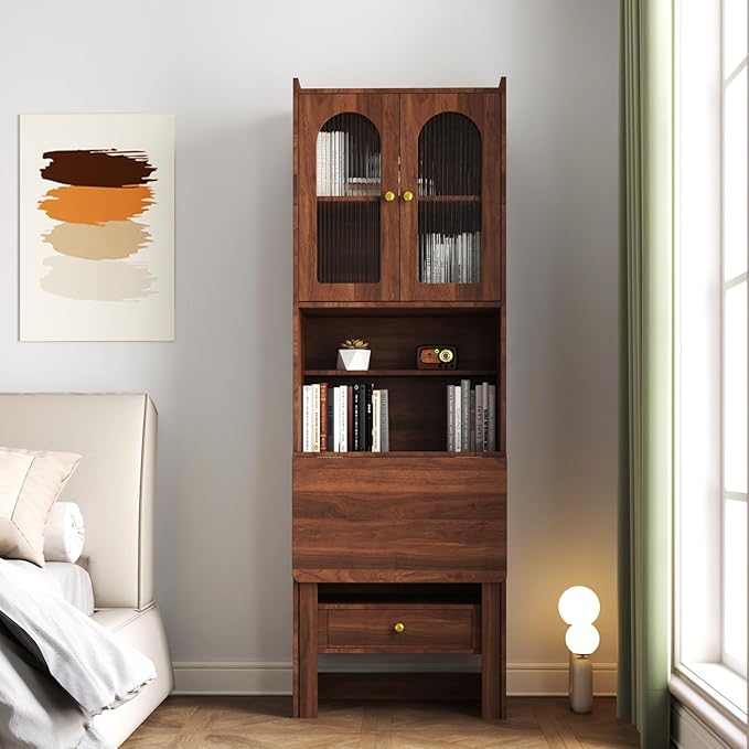 KEIKI Fold-Out Home Office Desks Writing Table with Glass Doors Drawers Bookshelf &amp Storage Shelves Modern Wooden Convertible Workstation for Work Study