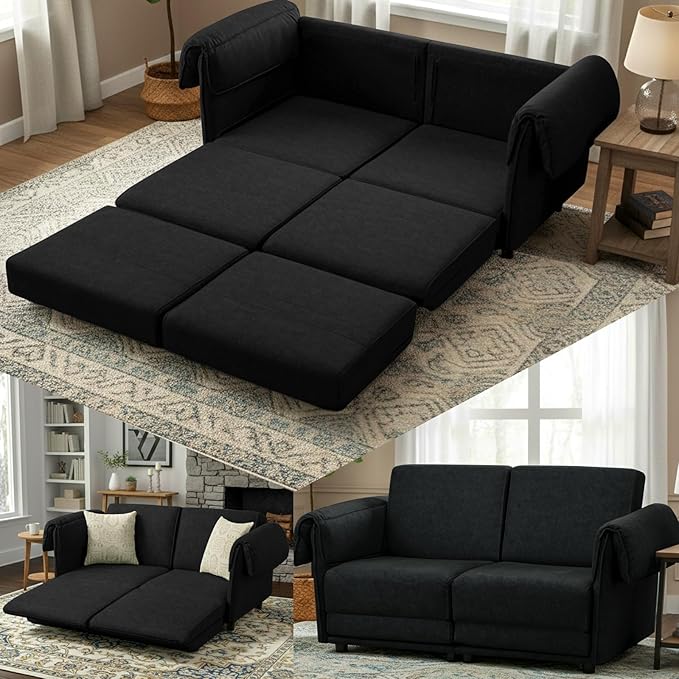 FHFO 65 Loveseat Sleeper Couch for Small Spaces 3 in 1 Pull Out Sofa Bed Convertible Sleeper Sofa Comfy Sofabed for Living Room Bedroom Apartment (Black)
