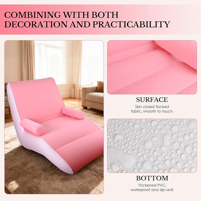 Inflatable Indoor Living Room Chair Lounge with Handrails Inflatable Foldable Deck Chair with Air Pump Outdoor Travel Camping Picnic Beach Chaise Lounges(Pink)
