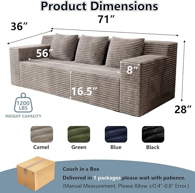 71Cloud Loveseat SofaModern 2-Seater Boneless Couch with 3 Pillows &amp Side PocketSoft Corduroy Love seatCompressed FoamDeep SeatNo Assembly for Living RoomBedroomApartment(Flat HandrailCam