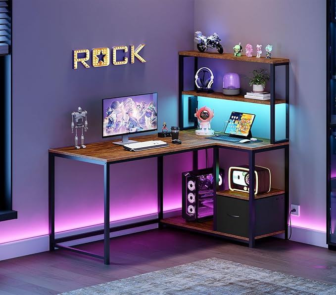 HOOBRO L Shaped Gaming Desk 46 Inch Reversible Computer Desk with LED Light &amp Power Outlet Office Desk with Storage Shelves &amp Drawer for Home Office Study Rustic Brown and Black BF18UDDN0