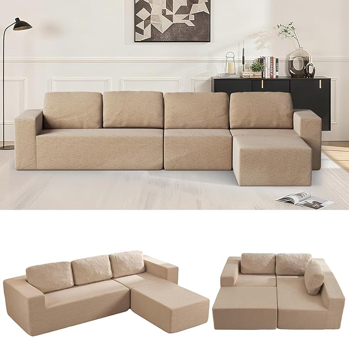 136 Modular Sectional Couch Left/Right Facing Convertible L-Shape Modern Teddy Sofa Deep Seat Upholstered Foam Couch for Living Room Bedroom No Assembly Required (Camel Teddy Boucle)