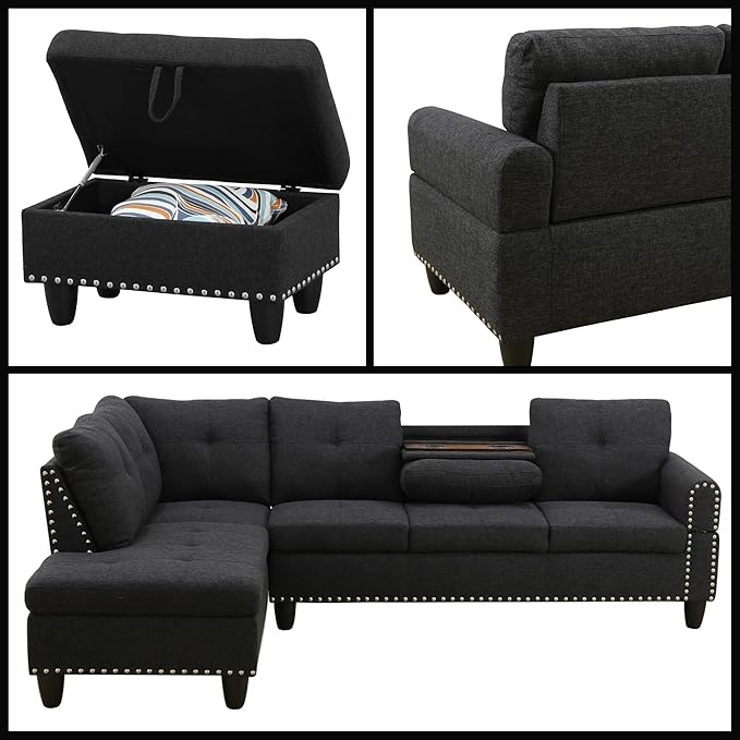 L-Shaped Sectional Sofa with Movable Chaise &amp Storage Ottoman Lounge 3-Piece Modular Convertible Couches for Living Room Apartment &amp Office Black Grey