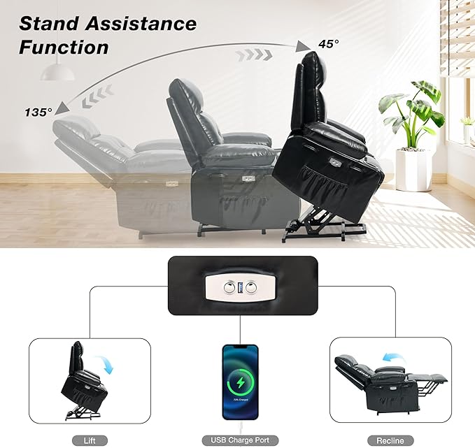 Power Lift Recliner Chair for Elderly with Massage &amp HeatPU LeatherElectric Recliner with USB PortsCup HoldersSide PocketsLift Chair for Living RoomBedroom