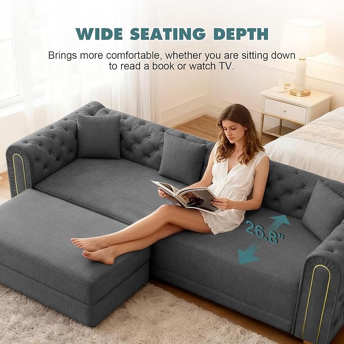 Polibi 90.6 3-in-1 Convertible Sleeper Sofa Bed Velvet Tufted Modern 3-Seater Couch with Movable Ottoman &amp Gold Trim King Size Sleeper for Living Room Apartment Dark Grey