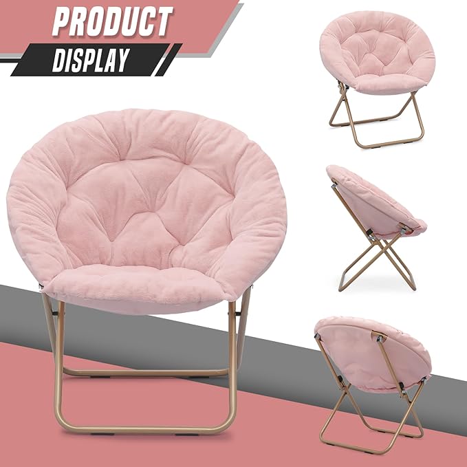 Foldable Oversized Moon Chairs Set of 2 Large Soft Lazy Cozy Comfortable Faux Fur Round Saucer Moon Chairs Set of 2 for Teens and Adults Light Pink