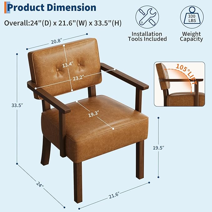 GarveeHome Faux Leather Accent Chair Mid-Century Modern Armchair with Button Tufting Reading Leisure Chair with Wood Frame for Living Room Brown