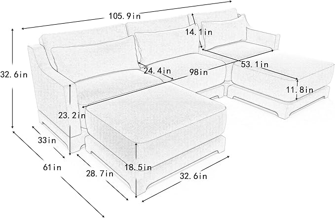 Ball &amp Cast 105.9” Modular Sectional Sofa Comfy Cloud Couch with Lumbar Pillows and OttomanDeep Seat Chenille U Shaped Modular Sofa Sectional Couches for Living Room Bedroom and Apartment Bei