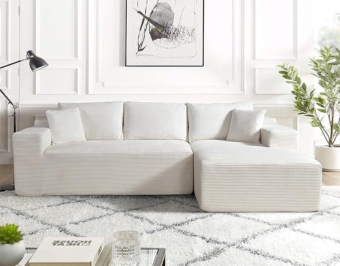 Ridge 2-Piece Convertible Corduroy L-Shaped Sofa in a Box with Pillows 3-Seater Modular Sectional Couch Compressed Living Room Furniture Beige (Right Facing)