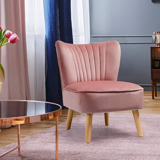 LUARANE Armless Velvet Accent Chair Modern Leisure Chair with Curved Backrest Thick Sponge Cushion Wood Legs Small Upholstered Wingback Sofa Chair for Bedroom Living Room (1 Pink)
