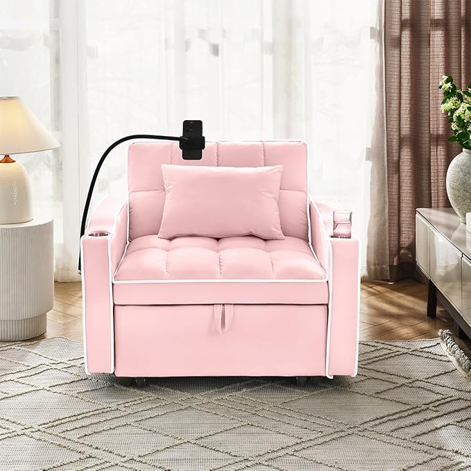Convertible Chair Bed 3 in 1 Sofa Bed Chair with Adjustable Backrest &amp Cup Holder &amp Charging Station Small Space One Person Couch for Apartment Office Living Room Bedroom (Pink)