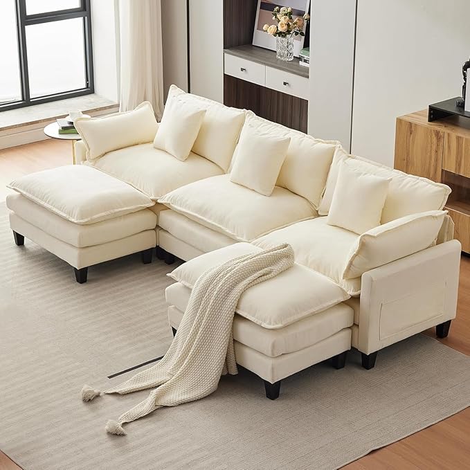 112 Modular Sectional Sofa U-Shape Cloud Couch/Deep Seat/Armrest/Plush Corduroy Fabric No Assembly Required Space-Saving 200 Pounds Chenille Combo Set with 2 Footstool for Living Room